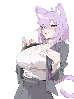 accessory big_breasts blush bodily_fluids bottomwear breasts clothing collared_shirt dress_shirt eyebrows eyelashes female hair jacket necktie purple_eyes purple_hair shirt skirt solo sweat tail topwear translucent translucent_clothing cocomayo29_(tomato) hololive vtuber okayu_nekomata animal_humanoid cat_humanoid felid felid_humanoid feline feline_humanoid humanoid mammal mammal_humanoid 2024 3:4 absurd_res hi_res