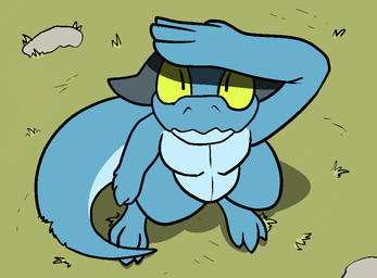 ambiguous_gender anthro bird's-eye_view grass high-angle_view horn looking_at_viewer looking_up nude perspective plant rock simple_background solo yellow_eyes trout_(artist) kobold reptile scalie 2016 aliasing digital_media_(artwork)