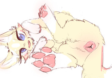 animal_genitalia animal_vulva blue_eyes canine_genitalia canine_vulva eyelashes female female_feral feral fur genitals leg_markings long_eyelashes lying markings multicolored_body multicolored_fur on_side paws pink_vulva presenting presenting_vulva quadruped side_view simple_background socks_(marking) solo tail two_tone_body two_tone_fur vulva white_background white_body white_fur yellow_body yellow_fur lunargent canid canine canis domestic_dog mammal 2026 digital_drawing_(artwork) digital_media_(artwork) flat_colors hi_res