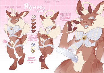 animal_genitalia animal_penis anthro balls bdsm_gear bell big_ears bow_ribbon chastity_cage chastity_device equine_genitalia equine_penis femboy fluffy fluffy_tail genitals halo harness heart_(marking) hooves horn lipstick makeup male mane markings penis restrained restrained_arms restraints solo tail text translucent translucent_penis wings xonn romeo_(xonn) angel bovid caprine goat mammal english_text hi_res model_sheet