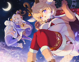 2_horns 4_fingers anthro antlers barefoot bell big_breasts blonde_hair blush breasts breath brown_hooves brown_horn christmas_clothing circle_eyebrows clothed clothing cloven_hooves crescent_moon duo eyebrows eyelashes feet female fingers flying fur green_eyes hair holding_object holidays hooved_plantigrade hooved_toes hooves horn iris jingle_bell kemono light looking_at_viewer moon moonlight multicolored_body multicolored_eyes multicolored_fur night one_eye_closed open_mouth open_smile particles plantigrade pupils purple_eyes purple_pupils red_nose robe sack short_tail simple_background skimpy sky slightly_chubby smile snout snow snowing tail tan_body tan_ears tan_fur tan_tail two_tone_body two_tone_eyes two_tone_fur two_tone_tail white_body white_eyebrows white_fur white_inner_ear white_tail wink whooo-ya christmas dorothy_(whooo-ya) sophie_(whooo-ya) deer mammal new_world_deer reindeer 2020 colored digital_media_(artwork) digital_painting_(artwork) hi_res lighting painting_(artwork) shaded