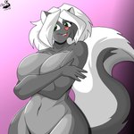 anthro big_breasts breasts female fur gradient_background grey_body grey_fur huge_breasts lipstick makeup simple_background solo chrisandcompany kelsey_sienna mammal mephitid skunk 1:1 hi_res