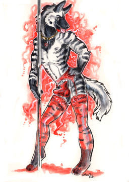 abstract_background anthro clothed clothing condom condom_in_mouth crossdressing dancing erection erection_under_clothing garter_belt garter_straps jewelry legwear looking_aside male mouth_hold necklace object_in_mouth panties pole pole_dancing sexual_barrier_device solo stockings tail underwear heather_bruton hyena mammal acrylic_painting_(artwork) graphite_(artwork) painting_(artwork) traditional_media_(artwork) traditional_painting_(artwork)