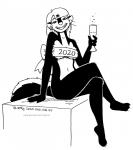 2020 alcohol anthro beverage breasts champagne ear_piercing ear_ring female fur grin hair kelly_o'dor looking_at_viewer mammal mephitid monochrome mostly_nude piercing pinup pose ring_piercing skunk smile solo striped_skunk tail teeth tegerio whiskers zandar's_saga