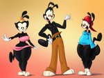 aged_up anthro big_penis black_body black_fur bulge butt clothed clothing female femboy fur genitals group half_naked male penis penis_size_difference small_penis smile thick_thighs tongue tongue_out wide_hips sangelia animaniacs animaniacs_(2020) hulu warner_brothers dot_warner wakko_warner yakko_warner inkblot mammal hi_res sibling_(lore)