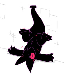 3_toes against_surface against_wall anthro anus black_body black_fur blush bodily_fluids featureless_crotch feet fur male nude_anthro nude_male null shoulder_stand solo sweat tail toes upside_down pawplants veecee void_fluff 2023 digital_media_(artwork)