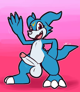 3_toes anthro balls blue_body blue_scales claws cute_fangs erection fangs feet finger_claws genitals gesture glans grey_claws hand_on_hip looking_at_viewer male markings open_mouth penis pink_glans raised_hand red_eyes scales smile solo teeth thick_thighs toe_claws toes waving white_balls white_body white_claws white_penis white_scales wide_hips yellow_body yellow_markings yellow_scales ultilix bandai_namco digimon digimon_(species) scalie veemon 2025