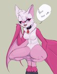 anthro black_collar black_eyes breasts cheek_tuft collar collar_only crouching dialogue digitigrade digitigrade_paws facial_tuft fangs featureless_breasts female fur head_tuft long_ears markings medium_breasts membrane_(anatomy) membranous_wings multicolored_body multicolored_fur navel neck_tuft nude open_mouth pink_body pink_fur pink_markings pupils simple_background speech_bubble spread_legs spreading talking_to_viewer teeth text thick_thighs tuft white_pupils wide_hips winged_arms wings wings_folded ki_kidrew mob_entertainment nightmare_critters poppy_playtime smiling_critters rabie_baby_(poppy_playtime) bat mammal english_text hi_res