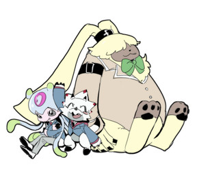 anthro bow_tie clothing female fur group hair hair_over_eyes long_ears male pawpads smile tentacles topwear trio vest white_body yellow_body yellow_fur dokk_q bandai_namco digimon digimon_ghost_game angoramon digimon_(species) gammamon humanoid jellymon scalie hi_res