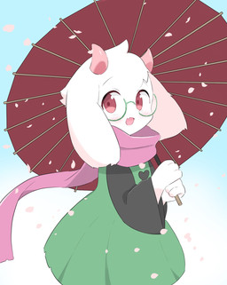 2_horns anthro black_sleeves clothed clothed_anthro clothing floppy_ears fully_clothed fully_clothed_anthro fur green_clothing green_robe heart_clothing heart_symbol holding_object holding_parasol horn lop_ears parasol petals pink_horn pink_scarf robe scarf solo white_body white_fur soken_unison deltarune undertale_(series) ralsei bovid caprine goat mammal hi_res