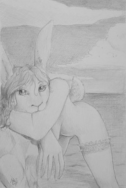 accessory anthro breasts cloud female garter hair looking_at_viewer mostly_nude pose pubic_mound sea solo water notdonebaking hare lagomorph leporid mammal graphite_(artwork) greyscale hi_res monochrome pinup sketch traditional_media_(artwork)