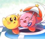 bodily_fluids duo eyes_closed green_eyes not_furry open_mouth pink_body pink_skin sweat umbrella yellow_body yellow_skin block_(artist) kirby_(series) nintendo keeby kirby alien waddling_head 2017