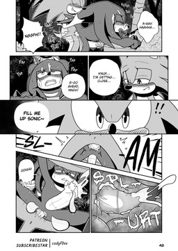 animal_genitalia animal_penis blush blush_lines bodily_fluids cum cum_in_ass cum_inside cumshot echidna_penis ejaculation forest forest_background genital_fluids genitals male male/male manga_style nature nature_background penis plant speech_bubble text tree codyf0xx sega sonic_the_hedgehog_(series) knuckles_the_echidna sonic_the_hedgehog echidna eulipotyphlan hedgehog mammal monotreme absurd_res comic english_text greyscale hi_res monochrome
