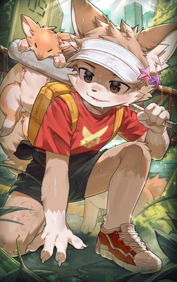 anthro backpack baseball_cap black_bottomwear black_clothing black_shorts bodily_fluids bottomwear clothing countershading crouching footwear fur hat headgear headwear kemono looking_aside male outside red_clothing red_shirt red_topwear shirt shoes shorts sneakers solo sweat tan_body tan_fur topwear visor_cap yellow_backpack young young_anthro young_male sosak0622 mammal 2026 absurd_res hi_res