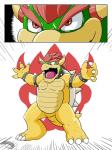 2015 3:4 anthro bowser claws collar comic cuff_(restraint) digital_media_(artwork) front_view hair horn koopa latex lizardman_(artist) male mario_bros muscular muscular_anthro muscular_male nintendo nude open_mouth red_eyes red_hair restraints scalie simple_background solo spikes standing studded_collar studs teeth toe_claws tongue transformation wrist_cuffs