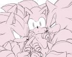 anthro blush bodily_fluids clothing face_grab frown gloves group handwear looking_at_another male male/male simple_background square_crossover sweat white_background sikai sega sonic_the_hedgehog_(series) shadow_the_hedgehog sonic_the_hedgehog eulipotyphlan hedgehog mammal pink_theme