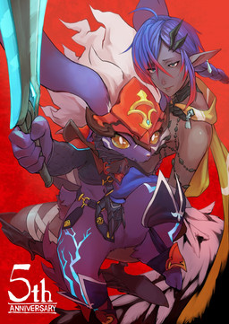 accessory anthro armor bandage bandaged_leg blue_eyes blue_hair boots bottomless braided_hair braided_ponytail clothed clothing crop_top dark_body dark_skin duo ear_piercing ear_ring featureless_crotch female footwear fur gauntlets gloves hair hair_accessory hairclip hand_on_crotch handwear headgear helmet humanoid_pointy_ears interspecies long_sleeve_shirt looking_at_viewer male male/female melee_weapon multicolored_hair navel piercing pointy_ears ponytail purple_body purple_fur red_background red_hair ring_piercing shirt shoes simple_background sword tail text toeless_boots toeless_footwear topwear weapon white_hair yellow_eyes kuroisumi caravan_stories adrias_bloodyfang arbo_judas elf gessy humanoid lagomorph leporid mammal rabbit 2022 hi_res