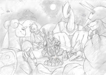 anthro big_breasts breasts campfire campfire_scene cleavage clothed clothing eyes_closed female forest full_moon gem group half-closed_eyes happy jewelry larger_female leaning_on_another listening_to_music looking_at_another lying male moon musical_instrument narrowed_eyes necklace night on_ground pearl_(gem) pearl_necklace plant playing_music scar sitting size_difference smile smiling_at_another tail tree wide_hips blackfox85 nintendo pokemon brites_(blackfox85) gin_(blackfox85) jade_(blackfox85) lucy_(blackfox85) mumu_(blackfox85) rochelle_(blackfox85) sydney_(blackfox85) tina_(blackfox85) aggron altered_forme_giratina canid canine dragonair fox fox_spirit generation_1_pokemon generation_2_pokemon generation_3_pokemon generation_4_pokemon giratina lapras legendary_pokemon lugia mammal manectric mewtwo pokemon_(species) absurd_res graphite_(artwork) hi_res monochrome traditional_media_(artwork)