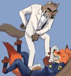 3_toes anthro blue_background bodily_fluids bottomwear brown_body brown_fur clothing cum dominant dominant_anthro dominant_male duo ejaculation eyes_closed fangs feet foot_fetish foot_on_face foot_on_penis foot_play foot_sniffing footjob footwear fur genital_fluids genitals grin humanoid_genitalia humanoid_penis male male/male open_mouth orange_body orange_fur pants penis police police_uniform red_body red_fur sex shirt simple_background smile sniffing sniffing_sock sock_fetish sockjob socks standing submissive submissive_anthro submissive_male suit_jacket teeth toes tongue tongue_out topwear uniform taro_anderson disney dreamworks the_bad_guys zootopia mr._wolf_(the_bad_guys) nick_wilde canid canine canis fox mammal wolf hi_res