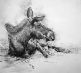 black_body female feral looking_aside looking_away realistic resting simple_background sitting solo white_background geordie_millar deer mammal moose new_world_deer 2006 charcoal_(artwork) formal_art monochrome traditional_media_(artwork)
