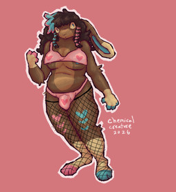 anthro arm_tuft asymmetrical_hair belly_rolls blue_markings bra breasts brown_body brown_fur brown_hair bulge clothing countershading ear_tuft elbow_tuft fishnet_clothing floppy_ears fur fur_tuft gynomorph hair heart_symbol heterochromia highlights_(coloring) intersex leg_tuft lop_ears markings nipples panties pink_bra pink_clothing pink_markings pink_panties pink_underwear raised_arm scene_haircut slightly_chubby solo standing text three-quarter_view topwear tuft two_piece under_boob undersized_clothing undersized_topwear underwear chemicalcreature lagomorph leporid mammal rabbit 2026 artist_name colored digital_media_(artwork) hi_res shaded signature soft_shading watermark trans_(lore) trans_woman_(lore)