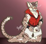 anthro blush brown_hair bulge claws clothed clothing countershading feet forced_grin glistening gradient_background hair hindpaw kneeling latex male null_bulge pawpads paws sharp_teeth simple_background solo teeth text kippz nekojishi studio_klondike shu-chi felid feline leopard_cat mammal prionailurus 2021 digital_drawing_(artwork) digital_media_(artwork) hi_res