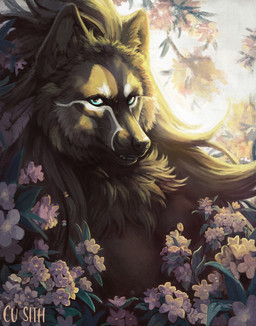 anthro blue_eyes brown_body detailed_background fangs female flower highlights_(coloring) plant realistic smile sun teeth cu_sith_(artist) hiona canid canine canis mammal wolf detailed hi_res portrait