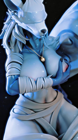anthro areola areola_slip bandage bandaged_arm bandaged_leg big_breasts big_tail black_background blindfold blue_arms breasts claws covering covering_breasts covering_nipples covering_self female hair hand_on_breast jewelry long_hair navel necklace particles red_areola simple_background smile solo tail thick_thighs white_body white_hair wide_hips mrs_dexie da.nilkaz_(modeler) bloodborne fromsoftware sony_corporation sony_interactive_entertainment vicar_amelia beast_(bloodborne) canid canine mammal werecanid werecanine werecreature 2026 3d_(artwork) 9:16 absurd_res digital_media_(artwork) hi_res