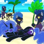 barbecue beach cutie_mark detailed_background eyewear feathered_wings feathers female feral group hand_fan horn male massage outside palm_tree plant sand sea seaside sky sunglasses tree veggie_burgers water wings madmax friendship_is_magic hasbro my_little_pony mythology nightmare_moon_(mlp) shadowbolts_(mlp) equid equine mammal mythological_creature mythological_equine pegasus winged_unicorn 1:1