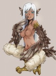 blue_eyes blush breasts crouching dark_body dark_skin feathered_wings feathers feet female hair long_hair looking_at_viewer navel nipples nude simple_background smile solo talons toes white_hair wings ganbanman european_mythology greek_mythology mythology avian harpy humanoid mythological_avian mythological_creature winged_humanoid