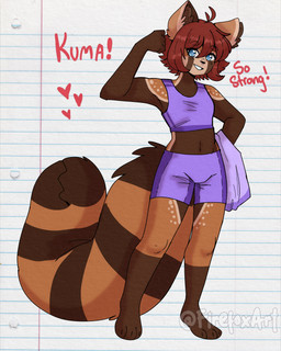 anthro barefoot blue_eyes bottomwear breasts clothing dialogue feet female hair heart_symbol holding_object holding_towel looking_at_viewer navel purple_bottomwear purple_clothing purple_shirt purple_shorts purple_topwear red_hair shirt shorts smile solo standing tail tail_mouth text topwear towel unusual_anatomy unusual_tail sammychasity kuma_(sammychasity) ailurid mammal red_panda 2025 4:5 english_text hi_res