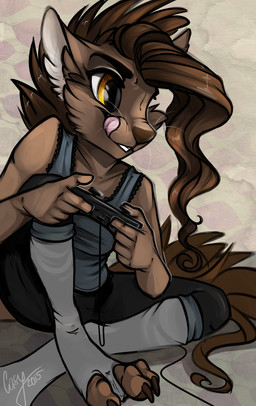 4_toes 5_fingers anthro big_eyes biped bottomwear breasts brown_hair brown_nose brown_tail cheek_tuft claws clothed clothing controller eyebrows facial_tuft feet female fingers fluffy fluffy_tail footwear fur gaming hair happy inner_ear_fluff legwear licking long_hair looking_away pants pattern_background playing_video_game shirt simple_background sitting smile socks solo tail tan_body tan_fur tank_top teeth toeless_footwear toeless_socks toes tongue tongue_out topwear tuft whiskers yellow_eyes casynuf casy_the_wolfcat canid canine canis domestic_cat felid feline felis hybrid mammal wolf 2015 absurd_res digital_media_(artwork) full-length_portrait hi_res portrait