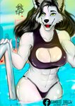 anthro beach black_hair clothing female fur grey_body grey_fur hair muscular muscular_female seaside smile solo swimming_pool swimwear yellow_eyes jeancito93jean canid canine canis mammal wolf absurd_res hi_res