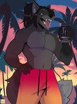 2023 anthro beverage beverage_can biceps black_body black_fur black_hair black_nose body_hair brown_hair canid canine canis clothed clothing countershade_torso countershading deltoids detailed_background english_text fangs forearms fur green_eyes grey_body grey_fur hair hand_on_hip hi_res inner_ear_fluff kaionart low-angle_view male mammal monster_energy multicolored_body multicolored_fur muscular muscular_male neck_tuft obliques palm_tree pecs plant ponytail serratus shaded smile solo swimwear teeth teeth_showing text tongue tongue_out topless tree tropical tuft two_tone_body two_tone_fur two_tone_tail wolf