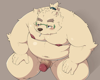anthro balls belly big_belly blue_eyes blush cigarette cigarette_in_mouth erection eyewear fur genitals glasses grey_background half-closed_eyes humanoid_genitalia humanoid_penis kemono male moobs narrowed_eyes navel nipples nude object_in_mouth overweight overweight_male penis simple_background solo tan_body tan_fur thick_penis pomupomu490 lifewonders tokyo_afterschool_summoners leib_(tas) bear mammal polar_bear ursine 2023 5:4 hi_res