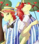 anthro anthrofied apple bow_(feature) bow_tie clothing duo food fruit horn identical_twins male pattern_clothing pattern_topwear plant shirt striped_clothing striped_topwear stripes topwear tree silvyr friendship_is_magic hasbro my_little_pony mythology flam_(mlp) flim_(mlp) equid equine mammal mythological_creature mythological_equine unicorn brother_(lore) brothers_(lore) sibling_(lore) twins_(lore)