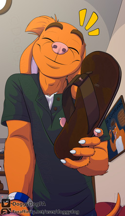 5_fingers anthro bdsm bondage bound brown_clothing brown_footwear brown_shoes claws clothed clothing duo extreme_size_difference eyebrows eyes_closed feet finger_claws fingers flip_flops floppy_ears footwear fur green_clothing green_shirt green_topwear holding_object inside male male/male male_anthro micro orange_body orange_fur pawpads paws pink_nose pink_pawpads plantigrade poster sandals shirt shoes size_difference smile solo t-shirt tail tail_motion tailwag tape tape_bondage text toes topwear trapped_in_footwear tuft white_body white_clothing white_fur doggydog doggydog_(character) canid canine canis domestic_dog hunting_dog mammal scent_hound absurd_res digital_media_(artwork) hi_res url