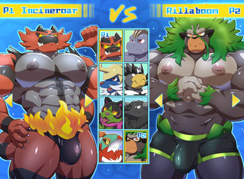 abs anthro barazoku big_muscles big_nipples big_pecs black_body black_clothing black_fur black_speedo black_swimwear blue_background boxer_briefs boxer_briefs_only brown_body bulge character_select claws clothed clothing cracking_knuckles detailed_bulge duo_focus erect_nipples facial_hair fire_belt fur genital_outline gesture green_boxer_briefs green_clothing green_eyes green_hair green_underwear group hair hand_gesture looking_at_viewer male muscular muscular_anthro muscular_male mustache navel nipples orange_eyes pecs penis_outline pointing pointing_at_self red_body red_eyes red_fur sharp_teeth simple_background smug smug_grin snout speedo speedo_only swimwear tail teeth text tongue tongue_out topless topless_anthro topless_male underwear underwear_only white_facial_hair white_mustache yellow_eyes yellow_sclera maldu nintendo pokemon generation_1_pokemon generation_5_pokemon generation_6_pokemon generation_7_pokemon generation_8_pokemon generation_9_pokemon hawlucha incineroar legendary_pokemon machoke okidogi paldean_form paldean_tauros paldean_tauros_(combat_breed) pokemon_(species) regional_form_(pokemon) rillaboom samurott single_strike_style_urshifu urshifu english_text headshot_portrait hi_res portrait
