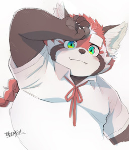 anthro blush braided_hair braided_ponytail clothing collared_shirt eyebrows fur hair male overweight polo_shirt ponytail red_body red_fur ribbons shirt solo thick_eyebrows topwear young hijirinoyuta lifewonders tokyo_afterschool_summoners zhurong_(tas) ailurid mammal red_panda hi_res