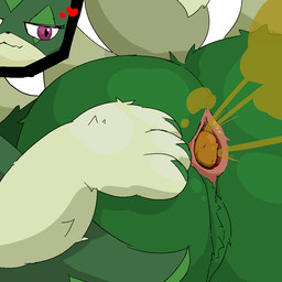 ambiguous_gender anthro anus butt cutaway expression_cutaway fart fart_cloud feces fur gaping gaping_anus green_body green_fur hand_on_butt heart_symbol looking_at_viewer mouth_closed naughty_face nude paws pooping presenting presenting_anus presenting_hindquarters purple_eyes raised_tail rear_view scatplay simple_background solo spread_anus spreading tail toilet_paper_(pixiv) nintendo pokemon felid feline generation_9_pokemon mammal meowscarada pokemon_(species) 1:1 2026 digital_media_(artwork)