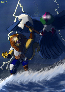 anthro armor axe boat duo feral light_eyes male medieval_armor medieval_clothing medieval_fantasy sea stare text threatening thunder thunderstorm vehicle war_axe warrior water watercraft white_eyes yelling felimino felix_(felimino) palomino_(felimino) avian bird felid feline lion mammal pantherine absurd_res english_text hi_res