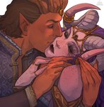 accessory blush brown_hair duo female freckles hair horn humanoid_pointy_ears kissing kissing_cheek lipstick makeup male male/female pointy_ears purple_body purple_hair purple_skin red_body red_skin ring linaswalaf baldur's_gate baldur's_gate_3 dungeons_and_dragons hasbro larian_studios wizards_of_the_coast raphael_(baldur's_gate) demon demon_humanoid humanoid tiefling hi_res
