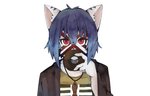 anthro black_nose blue_hair blue_stripes bodypaint brown_clothing brown_coat brown_topwear clothed clothing coat dessert doughnut face_paint food fur hair holding_food holding_object jewelry kemono looking_at_viewer male necklace open_clothing open_coat open_topwear pastry pattern_clothing pattern_shirt pattern_topwear red_eyes shirt simple_background solo stripes topwear white_background white_body white_fur fermata_suzuka vtuber io_ninose domestic_cat felid feline felis mammal 2020 hi_res