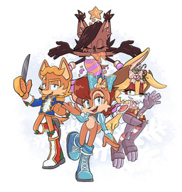 abstract_background anthro auburn_hair blonde_hair blue_eyes bottomless bottomless_anthro bow_ribbon brown_hair candy candy_cane cheek_tuft christmas_clothing christmas_topwear clothed clothing cowboy_hat cybernetic_arm cybernetic_leg cybernetic_limb cybernetics dessert digit_ring ear_tuft epaulet eyes_closed facial_tuft female food green_eyes group hair hat headgear headwear holidays holly_(plant) jewelry knee_highs legwear looking_at_viewer machine male melee_weapon one_eye_closed pink_nose plant ring snowflake_pattern star sword topwear tuft weapon wedding_ring wink winking_at_viewer pesky-pincushion archie_comics christmas sega sonic_the_hedgehog_(archie) sonic_the_hedgehog_(comics) sonic_the_hedgehog_(series) antoine_d'coolette bunnie_rabbot nicole_the_lynx sally_acorn canid canine canis coyote cyborg digital_creature felid feline ground_squirrel lagomorph leporid lynx mammal rabbit rodent sciurid hi_res