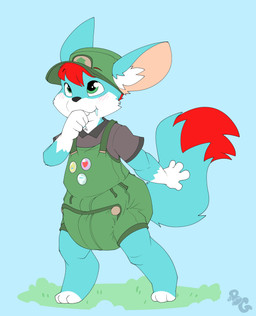 3_toes 4_fingers ambiguous_gender anthro badge big_diaper black_nose blue_background blue_body blue_fur blue_tail blush blush_lines bodily_fluids clean_diaper clothed clothing collared_shirt diaper diaper_under_clothing dipstick_tail drooling feet fingers fur gloves_(marking) grass green_clothing green_hat green_headwear green_overalls grey_clothing grey_shirt grey_topwear hair hand_in_mouth hat headgear headwear inner_ear_fluff logo markings overalls pink_inner_ear plant red_hair red_tail_tip saliva scout_uniform shirt simple_background smile solo tail tail_markings toes topwear tuft wearing_diaper white_body white_fur white_inner_ear_fluff white_toes bubblepuppers jay_(lil-aaron) canid canine fennec_fox fox mammal true_fox absurd_res artist_logo full-length_portrait hi_res portrait