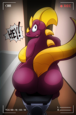 anthro bathroom bathtub battery_life big_butt butt camera_hud camera_view dialogue exclamation_point female horn huge_butt looking_back multicolored_body multicolored_scales open_mouth purple_body purple_scales scales sitting sitting_on_toilet solo surprised tail text toilet yellow_body yellow_horn yellow_scales dragonsteincole mythology nicola_(dragonsteincole) dragon mythological_creature mythological_scalie scalie 2024 english_text hi_res