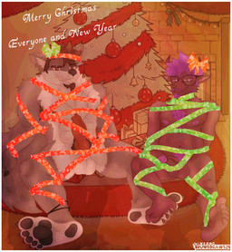 5_toes accessory animal_genitalia animal_penis anklet anthro armpit_hair balls barefoot bdsm body_hair brown_hair canine_genitalia canine_penis cheek_tuft christmas_decorations christmas_ornament christmas_present christmas_tree claws curling_toes detailed_background digit_ring duo ear_piercing erection eyebrows eyewear facial_hair facial_tuft fangs feet feet_together fireplace fluffy foot_fetish footsie genitals gift glasses hair holidays holly_(plant) horizontal_pupils horn humanoid_feet humanoid_genitalia humanoid_hands humanoid_penis jewelry knot knotted_penis male male/male mane multicolored_body muscular muscular_anthro muscular_male neck_tuft nipple_piercing nipples nude orange_eyes ornament pawpads penis piercing plant plantigrade plantigrade_pawpads pubes pupils purple_eyes purple_hair ribbons ring rope shadow sheath sitting size_difference slightly_chubby slightly_chubby_anthro slightly_chubby_male smile smiling_at_viewer snout soles tail teeth text toe_claws toe_ring toes tree tuft two_tone_body vein veiny_penis wrapped brunisdraws christmas brunis_(brunisdraws) redrich_(brunisdraws) bovid canid canine canis caprine hybrid mammal mexican_wolf sheep-goat wolf absurd_res detailed english_text full-length_portrait hi_res portrait shaded signature