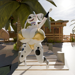 anthro big_breasts bikini breasts clothing female gold_bikini happy huge_breasts hyper hyper_breasts jumping panties raised_arm solo swimwear two-piece_swimsuit underwear fharen 101_dalmatian_street 101_dalmatians disney dolly_(101_dalmatians) canid canine canis dalmatian domestic_dog mammal 1:1 3d_(artwork) absurd_res digital_media_(artwork) hi_res