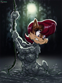 anthro blue_eyes bodily_fluids breasts brown_body brown_fur bubble eyebrows eyelashes female forest fur hair mud muddy nipples nude plant quicksand red_hair solo sweat sweatdrop tan_body tan_fur tree vines doronkomajo sega sonic_the_hedgehog_(series) sally_acorn chipmunk ground_squirrel mammal rodent sciurid 2025 hi_res