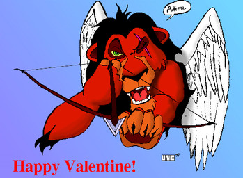 adieu arrow_(weapon) blue_background bow_(weapon) cupid's_arrow dialogue happy_valentine holiday_message holidays ranged_weapon simple_background speech_bubble spread_wings text times_new_roman weapon wings unicorn_(artist) disney the_lion_king valentine's_day cupid scar_(the_lion_king) felid lion mammal pantherine 1997 digital_media_(artwork) english_text pixel_(artwork) signature